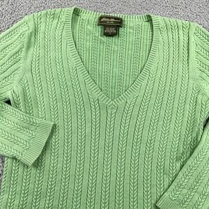 Eddie Bauer Sweater Womens Small Green Cable Knit V Neck Pullover Ribbed